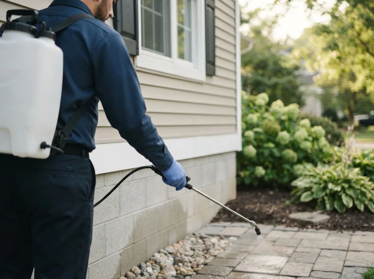 Pest control technician inspecting a home in Clarks Grove, MN